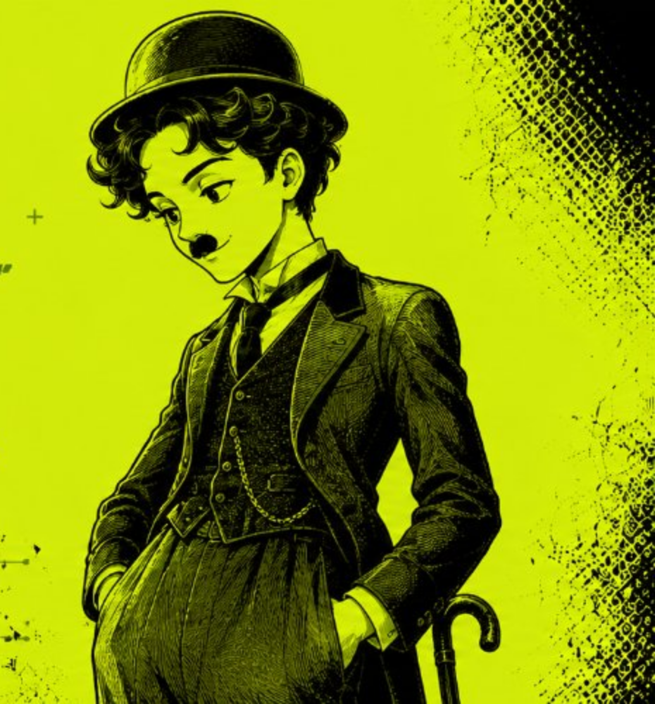 Chaplin Hood drawn in ink with bowler hat and cane
